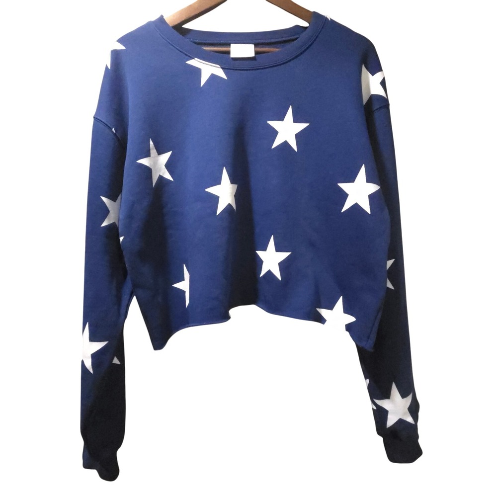 Starfit Navy Blue White Star Print Cropped Sweatshirt Raw Hem Pullover L NWOT